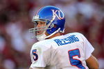 NORMAN, OK - OCTOBER 18:  Quarterback Todd Reesing #5 of the Kansas Jayhawks during play against the Oklahoma Sooners at Memorial Stadium on October 18, 2008 in Norman, Oklahoma.  (Photo by Ronald Martinez/Getty Images)