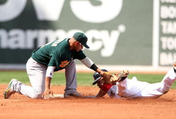 BOSTON - JULY 30:  Shortstop Orlando Cabrera #18 of the Oakland A's tags out Jacoby Ellsbury #46 of the Boston Red Sox  attempting to steal second base in the fifth inning on July 30, 2009 at Fenway Park in Boston, Massachusetts.  (Photo by Elsa/Getty Images)