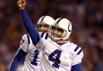SAN DIEGO, CA - NOVEMBER 23:  Kicker Adam Vinatieri #4 of the Indianapolis Colts kicks the game winning 51-yard field goal with 2 seconds left in regulation during the Colt's 23-20 win over the Chargers in their NFL Game at Qualcomm Stadium  on November 23, 2008 in San Diego, California. (Photo by Donald Miralle/Getty Images)