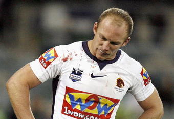 CANBERRA, AUSTRALIA - AUGUST 01:  Darren Lockyer of the Broncos reacts after the Raiders score a try during the round 21 NRL match between the Canberra Raiders and the Brisbane Broncos at Canberra Stadium on August 1, 2009 in Canberra, Australia.  (Photo by Stefan Postles/Getty Images)
