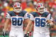 KANSAS CITY, MO - NOVEMBER 23:  Derek Schouman #80 and Derek Fine #86 of the Buffalo Bills walk on the field during the game against the Kansas City Chiefs on November 23, 2008 at Arrowhead Stadium in Kansas City, Missouri. (Photo by Jamie Squire/Getty Images)