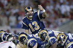 TAMPA, FL - SEPTEMBER 23:  Quarterback Kurt Warner #13 of the St. Louis Rams calls an audible during the NFL game against the Tampa Bay Buccaneers on September 23, 2002 at Raymond James Stadium in Tampa, Florida. The Buccaneers won 26-14. (Photo by Andy Lyons/Getty Images)