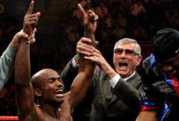 NOTTINGHAM, ENGLAND - MAY 10:  Timothy Bradley celebrates his win against Junior Witter for the WBC Light Welterweight fight on May 10, 2008 at Nottingham Ice Arena in Nottingham, England. (Photo by John Gichigi/Getty Images)