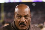 BALTIMORE - NOVEMBER 7:  Cleveland Browns Hall of Famer Jim Brown looks on as the Browns play the Baltimore Ravens at M&T Bank Stadium on November 7, 2004 in Baltimore, Maryland. The Ravens defeated the Browns 27-13.  (Photo by Doug Pensinger/Getty Images)