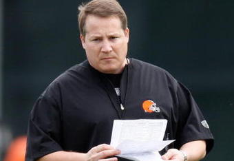 BEREA, OH - MAY 02:  Head coach Eric Mangini of the Cleveland Browns looks on  during rookie mini camp at the Cleveland Browns Training and Administrative Complex on May 2, 2009 in Berea, Ohio.  (Photo by Gregory Shamus/Getty Images)