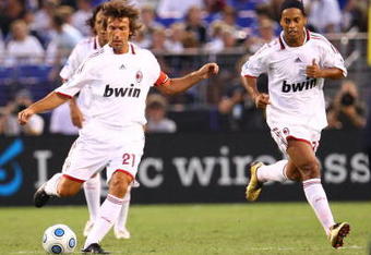 BALTIMORE - JULY 24: Andrea Pirlo #21 of AC Milan passes against Chelsea FC at M & T Bank Stadium on July 24, 2009 in Baltimore, Maryland. (Photo by Ned Dishman/Getty Images)