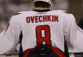PITTSBURGH - MAY 11: Alex Ovechkin #8 of the Washington Capitals waits for a faceoff against the Pittsburgh Penguins during Game Six of the Eastern Conference Semifinal  Round of the 2009 Stanley Cup Playoffs at Mellon Arena on May 11, 2009 in Pittsburgh, Pennsylvania. (Photo by Bruce Bennett/Getty Images)