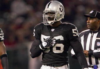 OAKLAND, CA - DECEMBER 23: Derrick Burgess #56 of the Oakland Raiders stands on the field during the game against the Kansas City Chiefs at McAfee Coliseum on December 23, 2006 in Oakland, California. (Photo by Jed Jacobsohn/Getty Images)