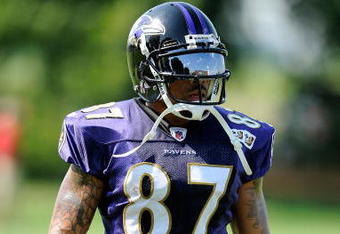 WESTMINSTER, MD - JULY 28:  Demetrius Williams #87 of the Baltimore Ravens walks back to the huddle during training camp at McDaniel College on July 28, 2009 in Westminster, Maryland.  (Photo by Greg Fiume/Getty Images)