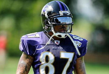 WESTMINSTER, MD - JULY 28:  Demetrius Williams #87 of the Baltimore Ravens walks back to the huddle during training camp at McDaniel College on July 28, 2009 in Westminster, Maryland.  (Photo by Greg Fiume/Getty Images)
