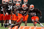 BEREA, OH - MAY 02:  Don Carey #37 and Coye Francies #25 of the Cleveland Browns runs a drill during rookie mini camp at the Cleveland Browns Training and Administrative Complex on May 2, 2009 in Berea, Ohio.  (Photo by Gregory Shamus/Getty Images)