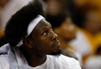CLEVELAND - APRIL 19:  Ben Wallace #4 of the Cleveland Cavaliers looks up in Game One of the Eastern Conference Quarterfinals against the Washington Wizards during the 2008 NBA Playoffs on April 19, 2008 at Quicken Loans Arena in Cleveland, Ohio.  The Cavaliers won 93-86.  NOTE TO USER: User expressly acknowledges and agrees that, by downloading and or using this photograph, User is consenting to the terms and conditions of the Getty Images License Agreement. (Photo by Gregory Shamus/Getty Images)