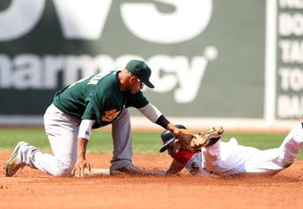 BOSTON - JULY 30:  Shortstop Orlando Cabrera #18 of the Oakland A's tags out Jacoby Ellsbury #46 of the Boston Red Sox  attempting to steal second base in the fifth inning on July 30, 2009 at Fenway Park in Boston, Massachusetts.  (Photo by Elsa/Getty Images)