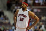AUBURN HILLS, MI - APRIL 24:  Rasheed Wallace #30 of the Detroit Pistons looks across the court in Game Three of the Eastern Conference Quarterfinals against the Cleveland Cavaliers during the 2009 NBA Playoffs at the Palace of Auburn Hills on April 24, 2009 in Auburn Hills, Michigan.  The Cavaliers won 79-68.  NOTE TO USER: User expressly acknowledges and agrees that, by downloading and or using this photograph, User is consenting to the terms and conditions of the Getty Images License Agreement.  (Photo by Gregory Shamus/Getty Images)