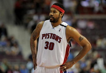 AUBURN HILLS, MI - APRIL 24:  Rasheed Wallace #30 of the Detroit Pistons looks across the court in Game Three of the Eastern Conference Quarterfinals against the Cleveland Cavaliers during the 2009 NBA Playoffs at the Palace of Auburn Hills on April 24, 2009 in Auburn Hills, Michigan.  The Cavaliers won 79-68.  NOTE TO USER: User expressly acknowledges and agrees that, by downloading and or using this photograph, User is consenting to the terms and conditions of the Getty Images License Agreement.  (Photo by Gregory Shamus/Getty Images)