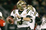 MUNCIE, IN - NOVEMBER 25:  Quarterback Tim Hiller #3 of the Western Michigan Broncos looks to pass the ball during the MAC game against the Ball State Cardinals at Scheumann Stadium on November 25, 2008 in Muncie, Indiana.  (Photo by Andy Lyons/Getty Images)