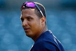 ANAHEIM, CA - JULY 27:  Victor Martinez #41 of the Cleveland Indians takes batting practice prior to the game against the Los Angeles Angels of Anaheim at Angel Stadium on July 27, 2009 in Anaheim, California.  (Photo by Jeff Gross/Getty Images)