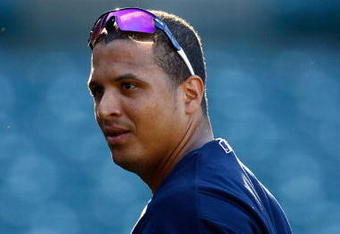 ANAHEIM, CA - JULY 27:  Victor Martinez #41 of the Cleveland Indians takes batting practice prior to the game against the Los Angeles Angels of Anaheim at Angel Stadium on July 27, 2009 in Anaheim, California.  (Photo by Jeff Gross/Getty Images)