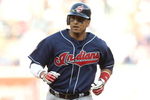 NEW YORK - APRIL 18:  Victor Martinez #41 of the Cleveland Indians runs the bases against the New York Yankees at Yankee Stadium on April 18, 2009 in the Bronx borough of New York City.  (Photo by Nick Laham/Getty Images)