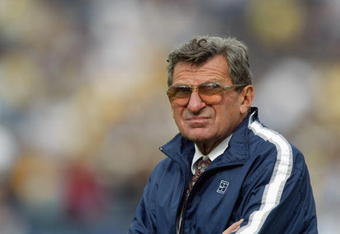 ANN ABOR, MI - OCTOBER 12:  Head Coach Joe Paterno of the Penn St. Nittany Lions watches the game against the Michigan Wolverines on October 12, 2002 at Michigan Stadium in Ann Arbor, Michigan.  The Wolverines beat the Nittany Lions 27-24 in the first overtime ever in Michigan Stadium. (Photo by Danny Moloshok/Getty Images)