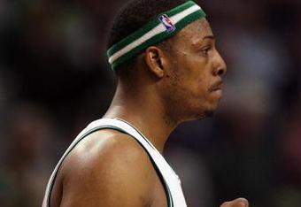 BOSTON - MAY 12:  Paul Pierce #34 of the Boston Celtics celebrates in the fourth quarter against the Orlando Magic in Game Five of the Eastern Conference Semifinals during the 2009 NBA Playoffs at TD Banknorth Garden on May 12, 2009 in Boston, Massachusetts. The Celtics defeated the Magic 92-88.  NOTE TO USER: User expressly acknowledges and agrees that, by downloading and or using this photograph, User is consenting to the terms and conditions of the Getty Images License Agreement.  (Photo by Elsa/Getty Images)