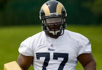 EARTH CITY, MO - MAY 2: Jason Smith #77 of the St. Louis Rams looks on during a mini camp on May 2, 2009 at the Russell Training Center in Earth City, Missouri.  (Dilip Vishwanat/Getty Images)