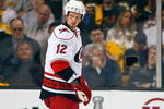 BOSTON - MAY 10: Eric Staal #12 of the Carolina Hurricanes prepares for a face off against the Boston Bruins during Game Five of the Eastern Conference Semifinal Round of the 2009 Stanley Cup Playoffs on May 10, 2009 at the TD Banknorth Garden in Boston, Massachusetts. (Photo by Jim Rogash/Getty Images)