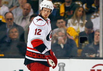 BOSTON - MAY 10: Eric Staal #12 of the Carolina Hurricanes prepares for a face off against the Boston Bruins during Game Five of the Eastern Conference Semifinal Round of the 2009 Stanley Cup Playoffs on May 10, 2009 at the TD Banknorth Garden in Boston, Massachusetts. (Photo by Jim Rogash/Getty Images)