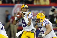 ATLANTA - DECEMBER 31:  Quarterback Jordan Jefferson #9 of the LSU Tigers looks to pass the ball during the Chick-fil-A Bowl against the Georgia Tech Yellow Jackets on December 31, 2008 at the Georgia Dome in Atlanta, Georgia. (Photo by Kevin C. Cox/Getty Images)