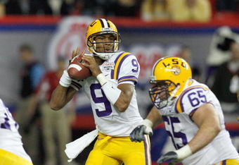 ATLANTA - DECEMBER 31:  Quarterback Jordan Jefferson #9 of the LSU Tigers looks to pass the ball during the Chick-fil-A Bowl against the Georgia Tech Yellow Jackets on December 31, 2008 at the Georgia Dome in Atlanta, Georgia. (Photo by Kevin C. Cox/Getty Images)