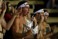 LOS ANGELES, CA - AUGUST 01:  Members of the Sam Querrey fan club known as the 'The Samurai' cheer during the match between Querrey and Tommy Haas of Germany on Day 6 of the LA Tennis Open at the Los Angeles Tennis Center - UCLA on August 1, 2009 in Los Angeles, California.  (Photo by Stephen Dunn/Getty Images)