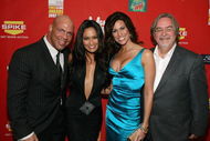 LAS VEGAS - DECEMBER 07:  (L-R) Pro wrestler Kurt Angle, actress Tia Carrera, Karen Angle, and 'The Simpsons' creator Matt Groening pose backstage at Spike TV's 2007 'Video Game Awards' at the Mandalay Bay Events Center on December 7, 2007 in Las Vegas, Nevada.  (Photo by Frazer Harrison/Getty Images for Spike TV)