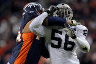 DENVER - NOVEMBER 23:  Derrick Burgess #56 of the Oakland Raiders rushes against the block of Ryan Harris #74 of the Denver Broncos during week 12 NFL action at Invesco Field at Mile High on November 23, 2008 in Denver, Colorado. Fargas rushed for 107 yards as the Raiders defeated the Broncos 31-10.  (Photo by Doug Pensinger/Getty Images)