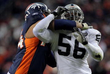 DENVER - NOVEMBER 23:  Derrick Burgess #56 of the Oakland Raiders rushes against the block of Ryan Harris #74 of the Denver Broncos during week 12 NFL action at Invesco Field at Mile High on November 23, 2008 in Denver, Colorado. Fargas rushed for 107 yards as the Raiders defeated the Broncos 31-10.  (Photo by Doug Pensinger/Getty Images)