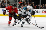 OTTAWA - FEBRUARY 26:  Patrick Marleau #12 of the San Jose Sharks carries the puck up ice while being pursued by Dany Heatley #15  of the Ottawa Senators in a game on February 26, 2009 at the Scotiabank Place in Ottawa, Canada. (Photo by Phillip MacCallum/Getty Images)