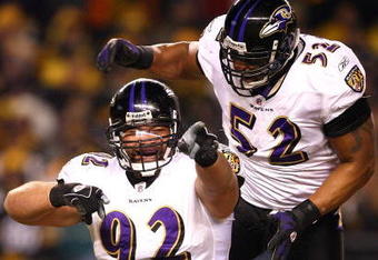 PITTSBURGH - JANUARY 18:  Haloti Ngata #92 and Ray Lewis #52 of the Baltimore Ravens celebrate after Ngata recorded a sack in the first quarter against the Pittsburgh Steelers during the AFC Championship game on January 18, 2009 at Heinz Field in Pittsburgh, Pennsylvania.  (Photo by Al Bello/Getty Images)