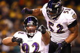 PITTSBURGH - JANUARY 18:  Haloti Ngata #92 and Ray Lewis #52 of the Baltimore Ravens celebrate after Ngata recorded a sack in the first quarter against the Pittsburgh Steelers during the AFC Championship game on January 18, 2009 at Heinz Field in Pittsburgh, Pennsylvania.  (Photo by Al Bello/Getty Images)
