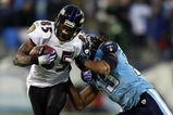 NASHVILLE, TN - JANUARY 10:  Wide receiver Derrick Mason #85 of the Baltimore Ravens is hit by safety Michael Griffin #33 of the Tennessee Titans during the AFC Divisional Playoff Game on January 10, 2009 at LP Field in Nashville, Tennessee.  (Photo by Andy Lyons/Getty Images)