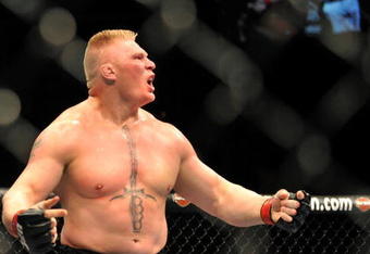 LAS VEGAS - JULY 11:  Brock Lesnar reacts after knocking out Frank Mir during their heavyweight title bout during UFC 100 on July 11, 2009 in Las Vegas, Nevada.  (Photo by Jon Kopaloff/Getty Images)