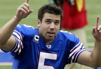 ORCHARD PARK, NY - SEPTEMBER 21: Trent Edwards #5 of the Buffalo Bills acknowledges fans as he runs off the field after defeating the Oakland Raiders on September 21, 2008 at Ralph Wilson Stadium in Orchard Park, New York. Buffalo won 24-23.   (Photo by Rick Stewart/Getty Images)