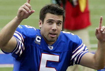 ORCHARD PARK, NY - SEPTEMBER 21: Trent Edwards #5 of the Buffalo Bills acknowledges fans as he runs off the field after defeating the Oakland Raiders on September 21, 2008 at Ralph Wilson Stadium in Orchard Park, New York. Buffalo won 24-23.   (Photo by Rick Stewart/Getty Images)