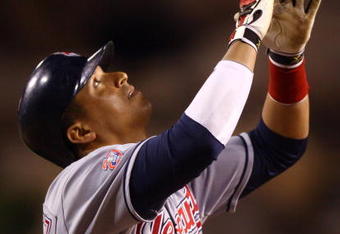 ANAHEIM, CA - JULY 27:  Victor Martinez #41 of the Cleveland Indians celebrates after hitting a three-run home run in the ninth inning against the Los Angeles Angels of Anaheim at Angel Stadium on July 27, 2009 in Anaheim, California. The Indians defeated the Angels 8-6.  (Photo by Jeff Gross/Getty Images)