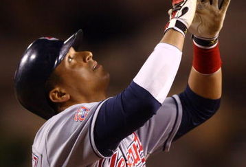 ANAHEIM, CA - JULY 27:  Victor Martinez #41 of the Cleveland Indians celebrates after hitting a three-run home run in the ninth inning against the Los Angeles Angels of Anaheim at Angel Stadium on July 27, 2009 in Anaheim, California. The Indians defeated the Angels 8-6.  (Photo by Jeff Gross/Getty Images)