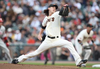 SAN FRANCISCO - AUGUST 01:  Tim Lincecum #55 of the San Francisco Giants pitches against the Philadelphia Phillies during a Major League Baseball game at AT&T Park on August 1, 2009 in San Francisco, California.  (Photo by Jed Jacobsohn/Getty Images)
