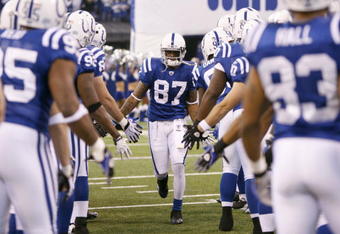 INDIANAPOLIS - DECEMBER 28:  Reggie Wayne #99 of the Indianapolis Colts greets teammates as he is introduced before the game against the Tennessee Titans on December 28, 2008 at Lucas Oil Stadium in Indianapolis, Indiana. (Photo by: Jamie Squire/Getty Images)