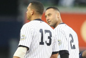 NEW YORK - JUNE 03:  Derek Jeter #2 of the New York Yankees talks to teammate Alex Rodriguez #13  in the field against the Texas Rangers on June 3, 2009 at Yankee Stadium in the Bronx borough of New York City.  (Photo by Nick Laham/Getty Images)