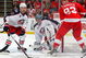 DETROIT - APRIL 16: Steve Mason #1 of the Columbus Blue Jackets makes a save as teammate Fedor Tyutin #51 keeps an eye on both the puck and Johan Franzen #93 of the Detroit Red Wings during Game One of the Western Conference Quarterfinals of the 2009 Stanley Cup Playoffs on April 16, 2009 at Joe Louis Arena in Detroit, Michigan. (Photo By Dave Sandford/Getty Images)