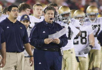 LOS ANGELES - NOVEMBER 29:  Head coach Charlie Weis of the Notre Dame Fighting Irish looks on from the sideline against the USC Trojans on November 29, 2008 at the Los Angeles Memorial Coliseum in Los Angeles, California.  USC won 38-3.  (Photo by Jeff Golden/Getty Images)