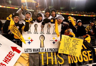 PITTSBURGH - JANUARY 18:  Fans of the Pittsburgh Steelers hold up signs in support of the Steelers after they won 23-14 against the Baltimore Ravens during the AFC Championship game on January 18, 2009 at Heinz Field in Pittsburgh, Pennsylvania.  (Photo by Streeter Lecka/Getty Images)
