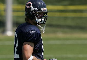 BOURBONNAIS, IL - JULY 30: Greg Olsen #82 of the Chicago Bears, the Bears' first round draft pick, stretches before a summer training camp practice on July 30, 2007 at Olivet Nazarene University in Bourbonnais, Illinois. (Photo by Jonathan Daniel/Getty Images)  